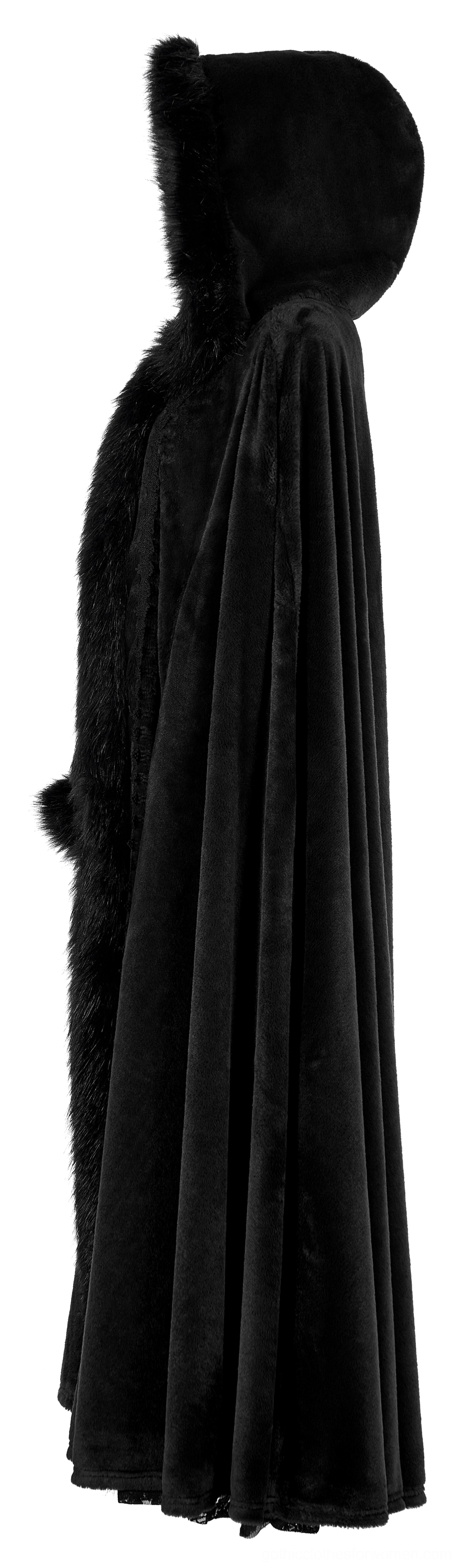 Side profile of Gothic faux fur cloak showing slim silhouette and decorative trim