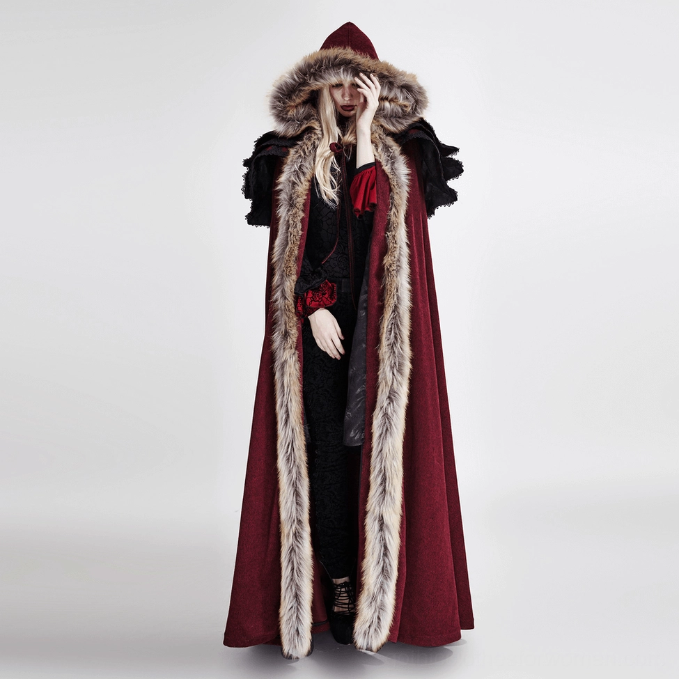 Gothic cloak worn by model showing inner outfit coordination with black ruffled shoulder accents and wine-red main fabric