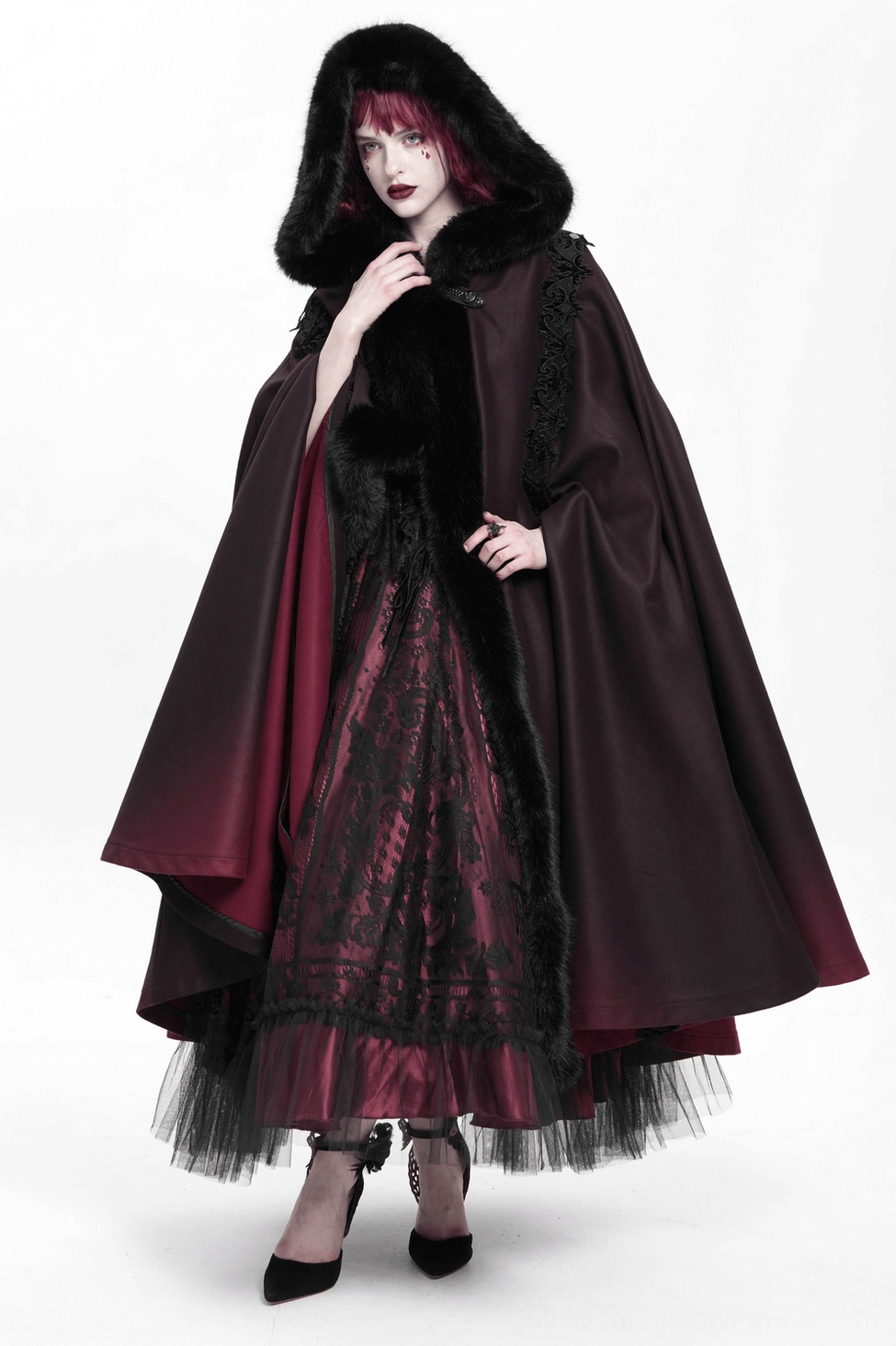 Gothic hooded cloak three-quarter view on mannequin showing full silhouette and ombre color transition