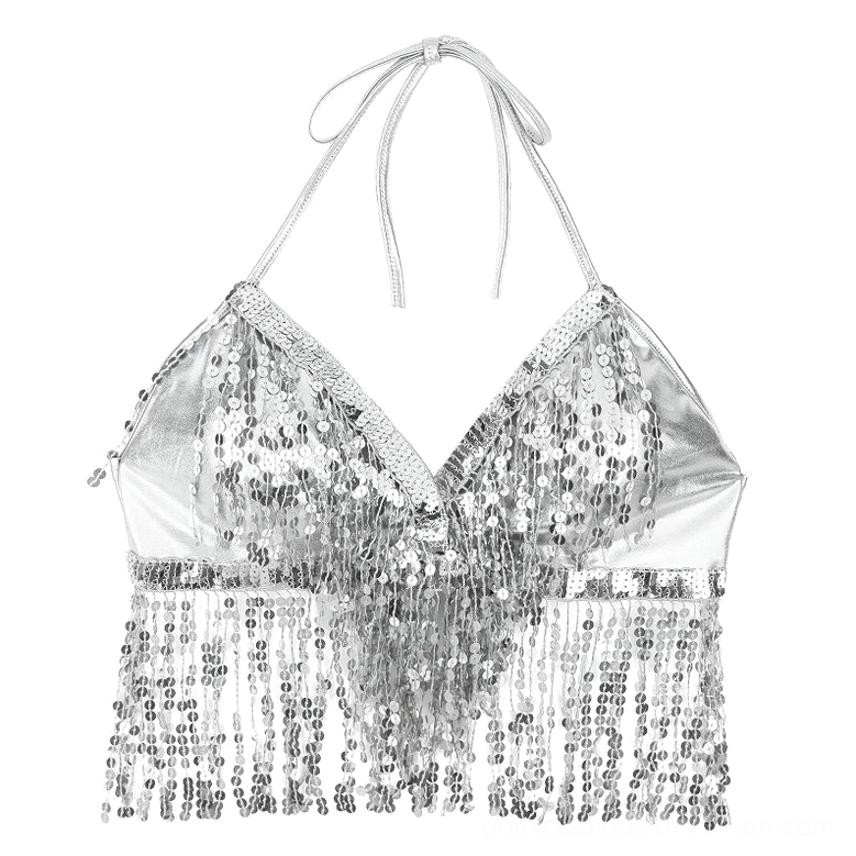 Gothic club wear sequin halter crop top styling on model