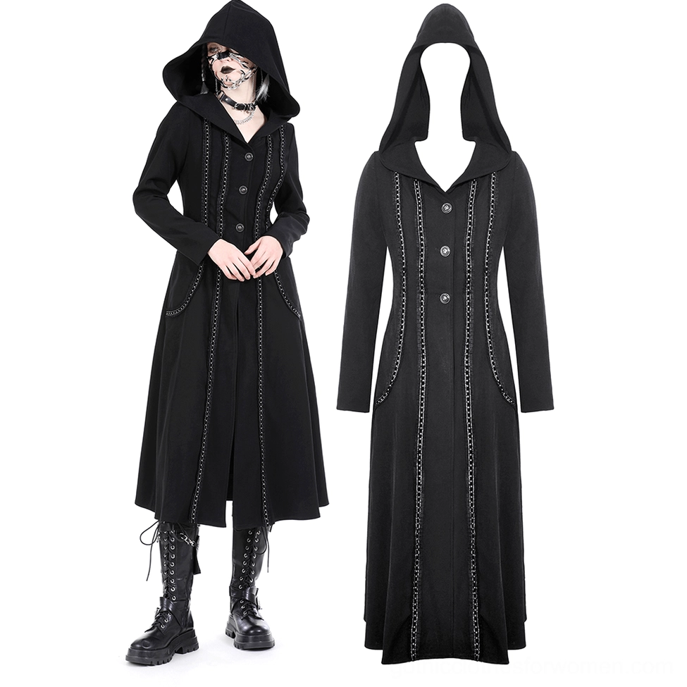 Black gothic trench coat 3/4 front view and flat lay display showing lace trim details and patch pockets