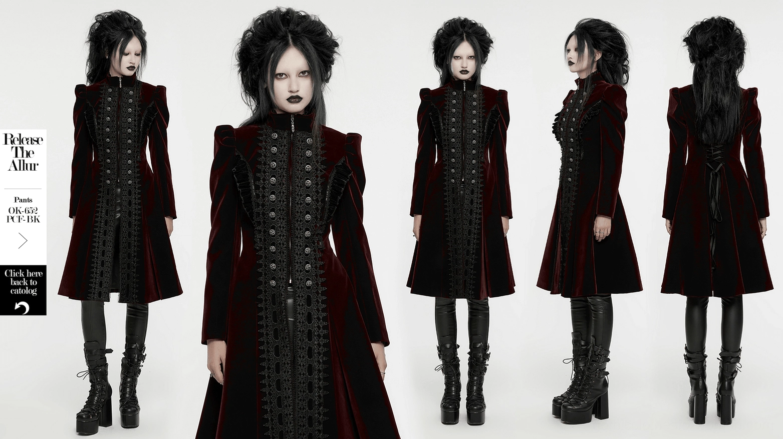 Burgundy velvet gothic coat showing full A-line silhouette and dramatic hem with ruffled edges