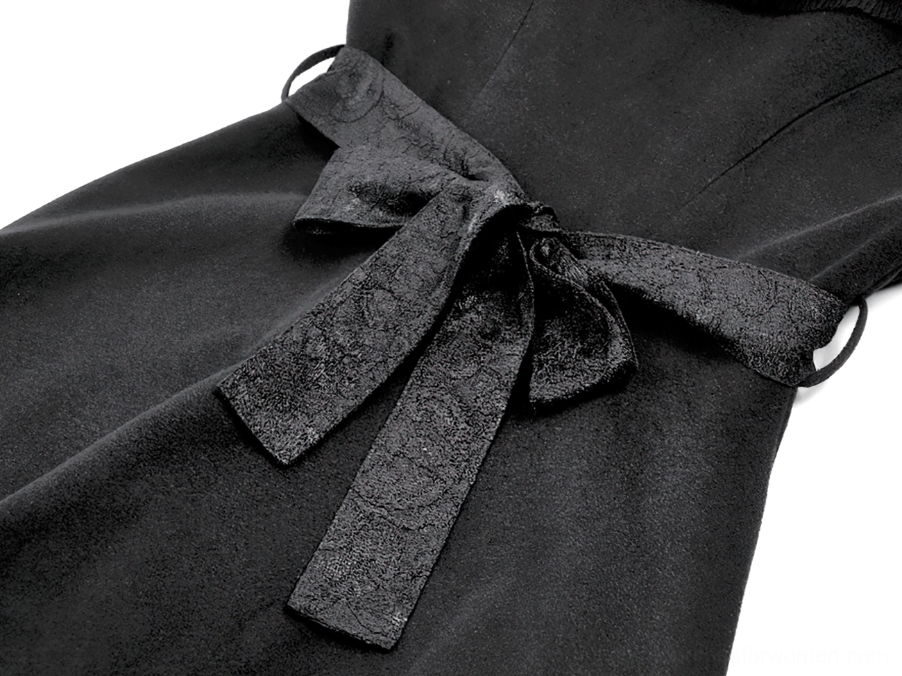 Close-up of decorative back waist bow and ruffled lace collar trim on victorian gothic black coat
