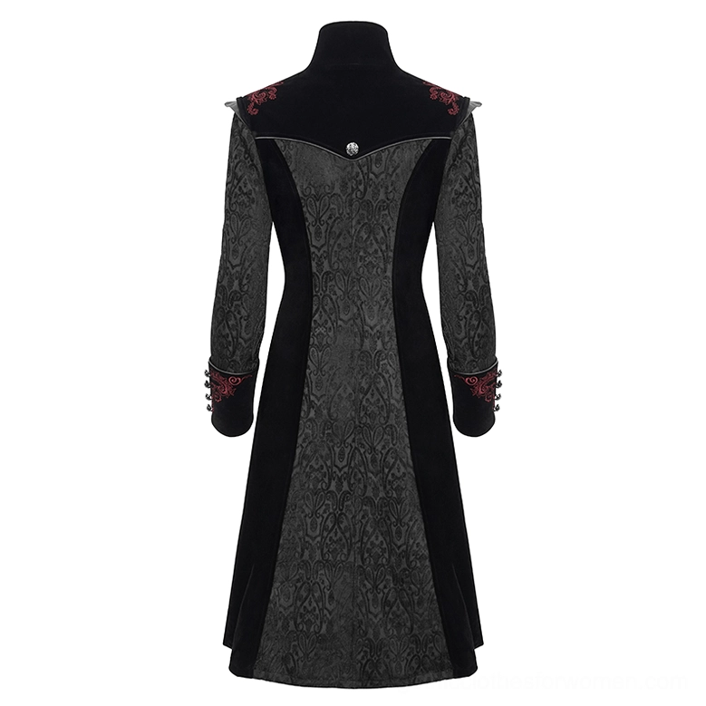 Black gothic coat back product view, displaying decorative buttoned cuffs and ornamental hardware details