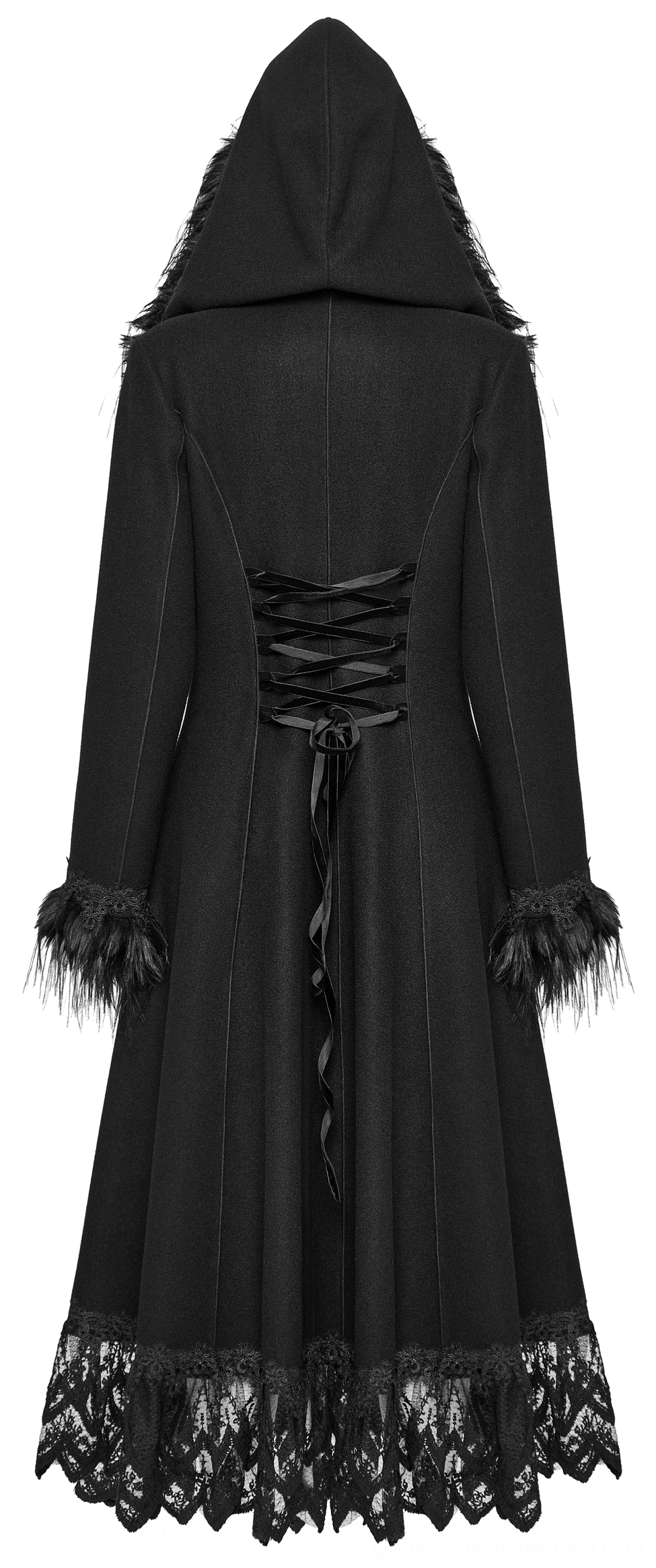 Rear view of gothic coat showing full back lace-up corset design and fur-trimmed cuffs