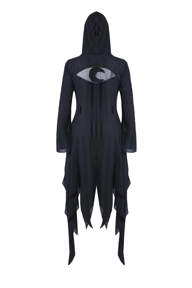 Back flat lay of crescent moon cutout gothic coat showing moon appliqué and uneven tattered hemline