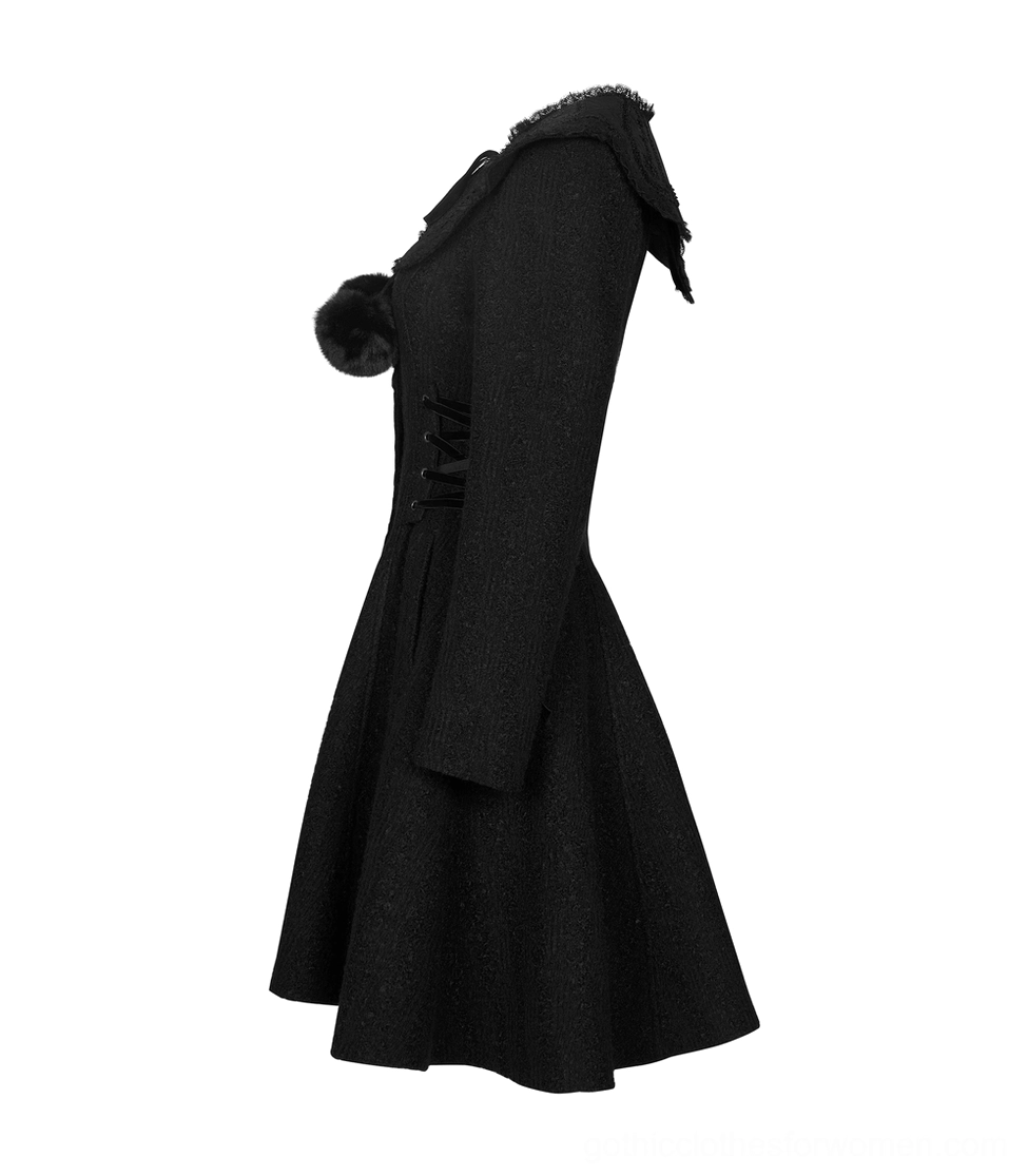 Black gothic coat back flat lay displaying lace collar detail and adjustable hem lacing
