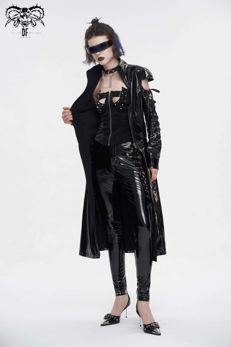 Holographic patent leather gothic coat back detail shot showing open shoulder mesh and lace-up fastening system