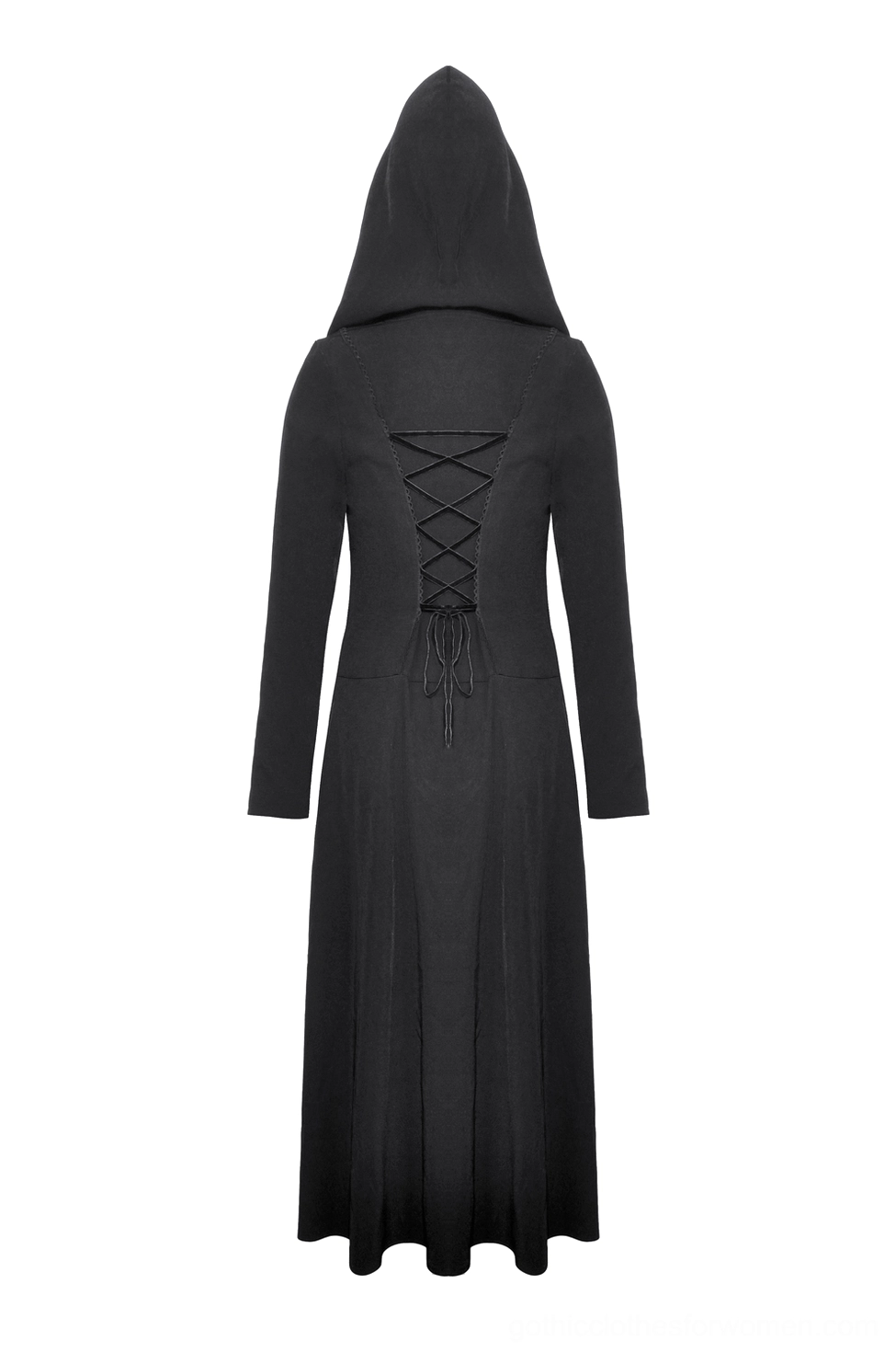 Back flat lay display of gothic hooded coat showing lace-up closure and hemline structure