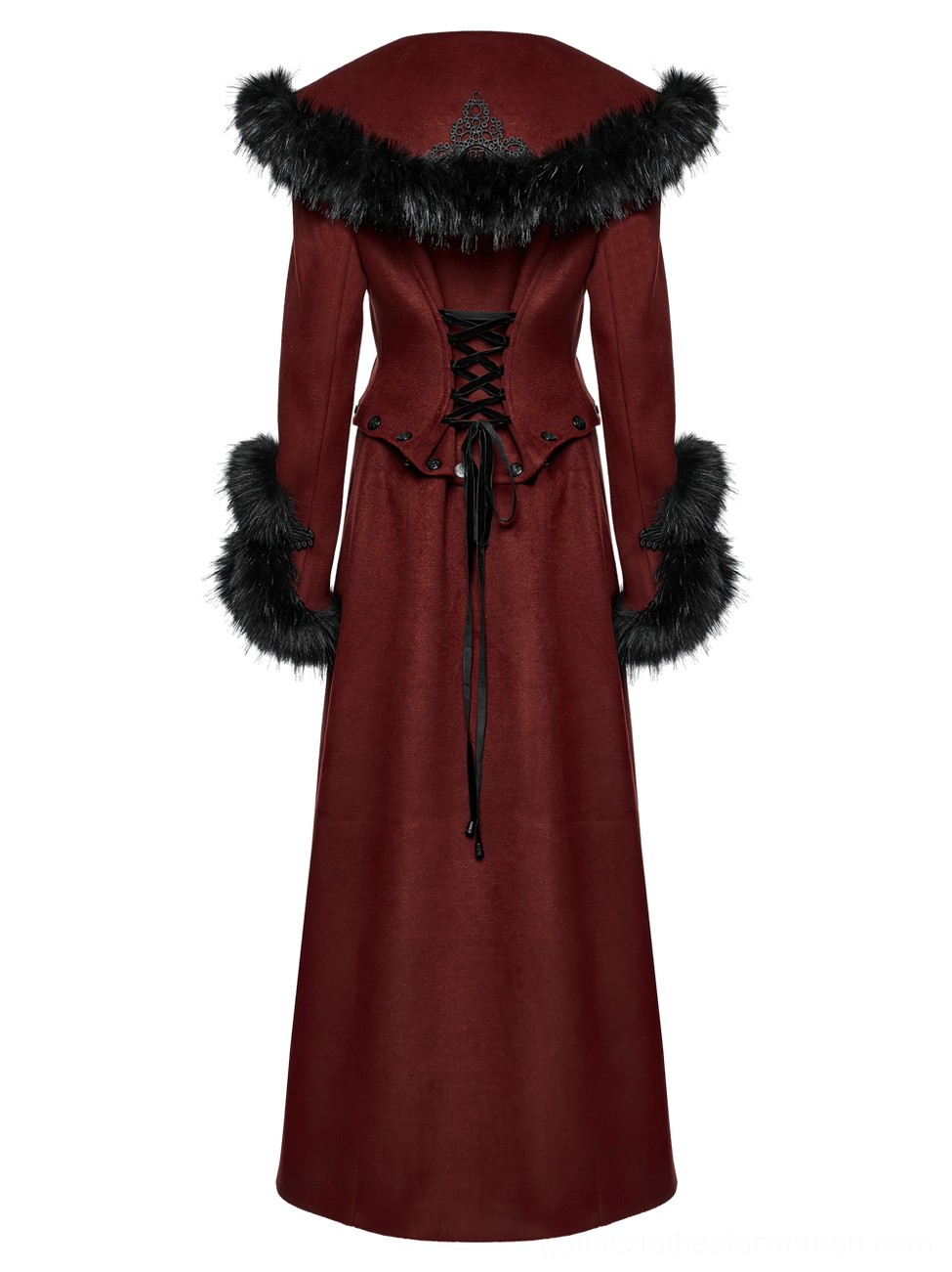 Back flat lay of gothic wool coat showcasing lace-up design detail, split hem structure, and black faux fur trim placement