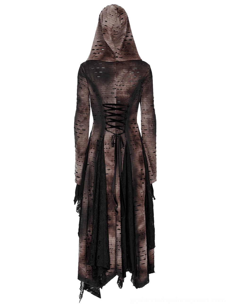 Back full product shot of distressed gothic coat showing hooded silhouette, corset lacing detail, and irregular hemline