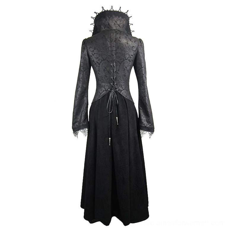 Rear view of black gothic coat showing lace-up back closure, long jacquard sleeves with ornate patterns, and floor-length hem silhouette