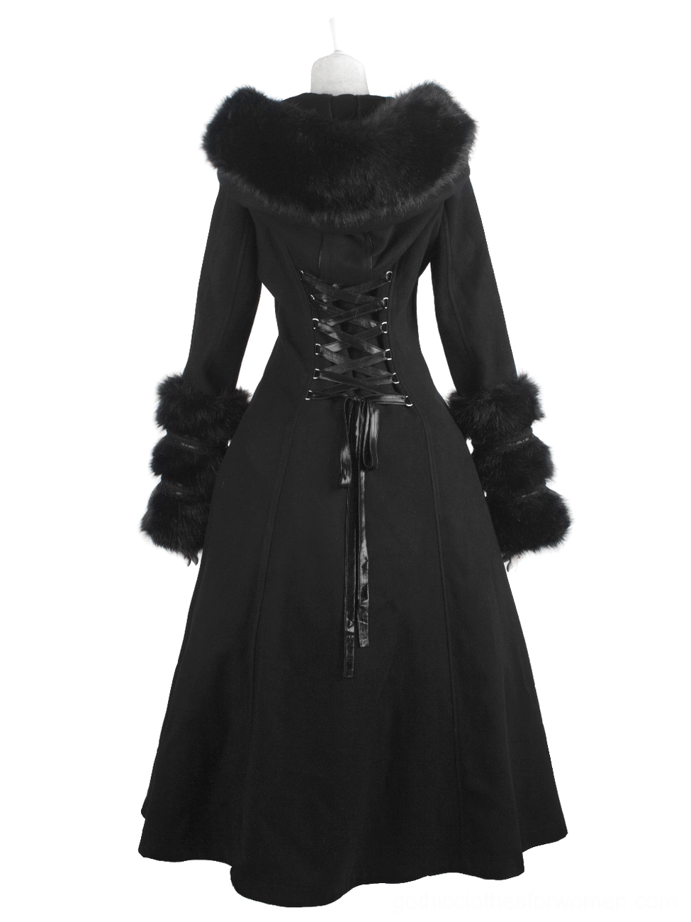 Back view of black gothic coat showing lace-up corset back panel and fur trim details