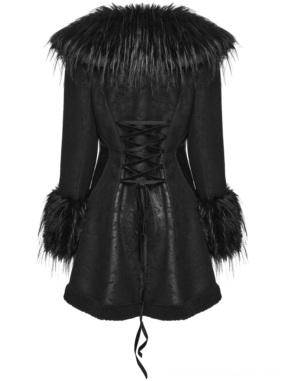 Black gothic winter coat back flat lay highlighting corset lace-up ribbon fastening, furry cuffs, drawstring detail, and construction quality