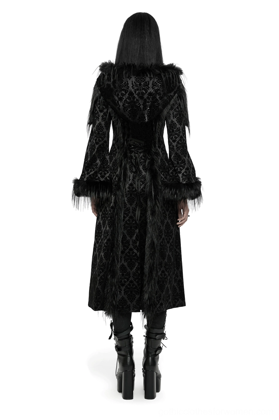 Gothic hooded coat back view showing lace-up detail and flared faux fur-trimmed cuffs on model