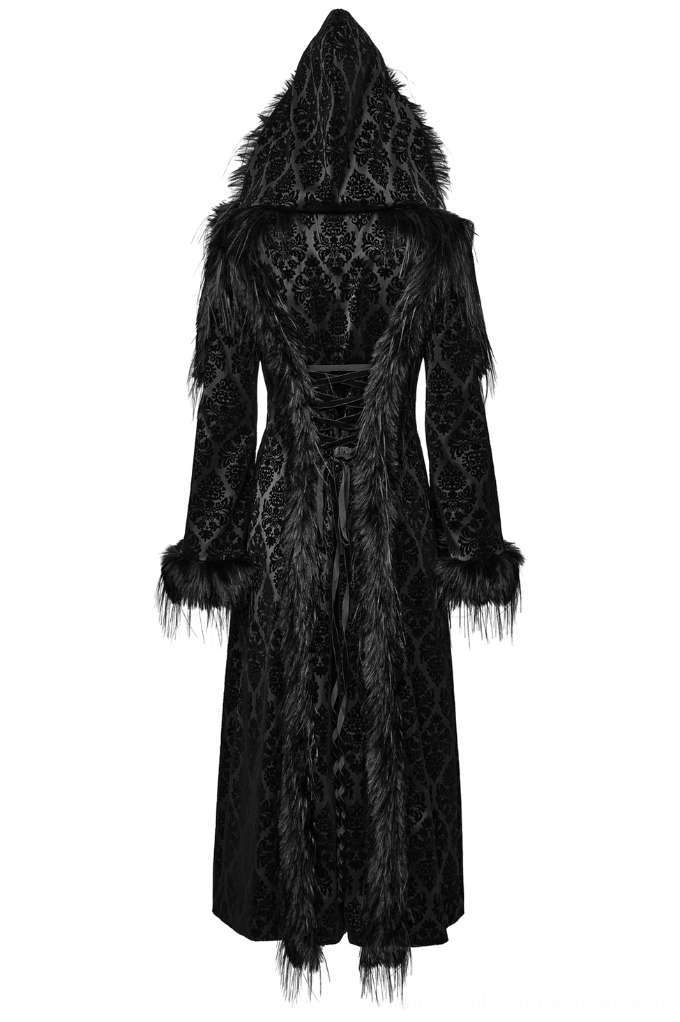 Gothic hooded coat back view on mannequin showing lace-up closure and floor-length damask fabric
