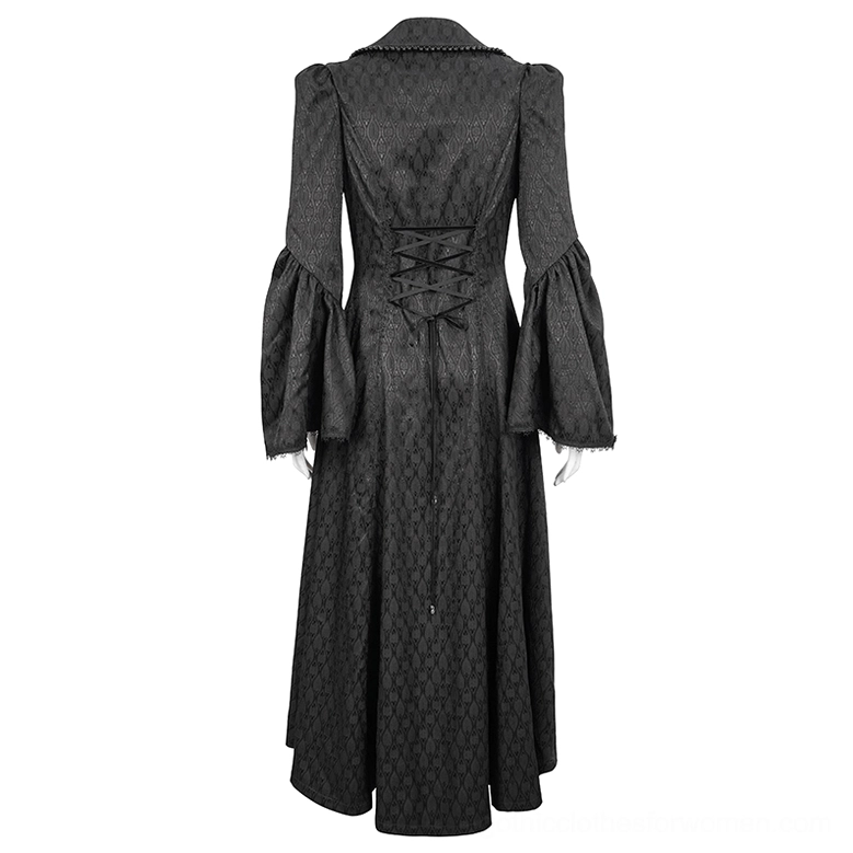 Black gothic long coat back view on mannequin with lace-up closure and floor-length hem