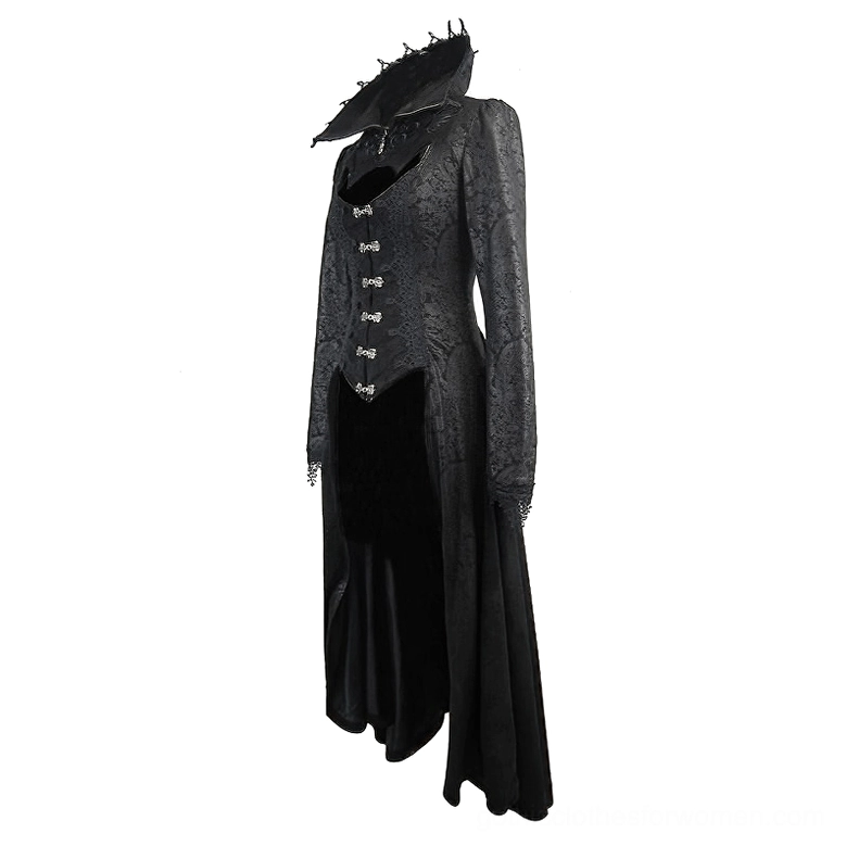 Side rear view of black gothic long coat displaying jacquard embossing, velvet lower panel, spiked high collar trim, and full-length sleeves