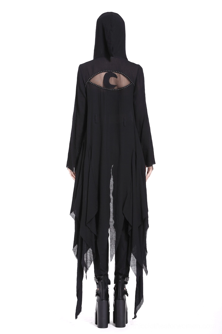 Black gothic hooded trench coat with asymmetrical shredded hem back view showing design details