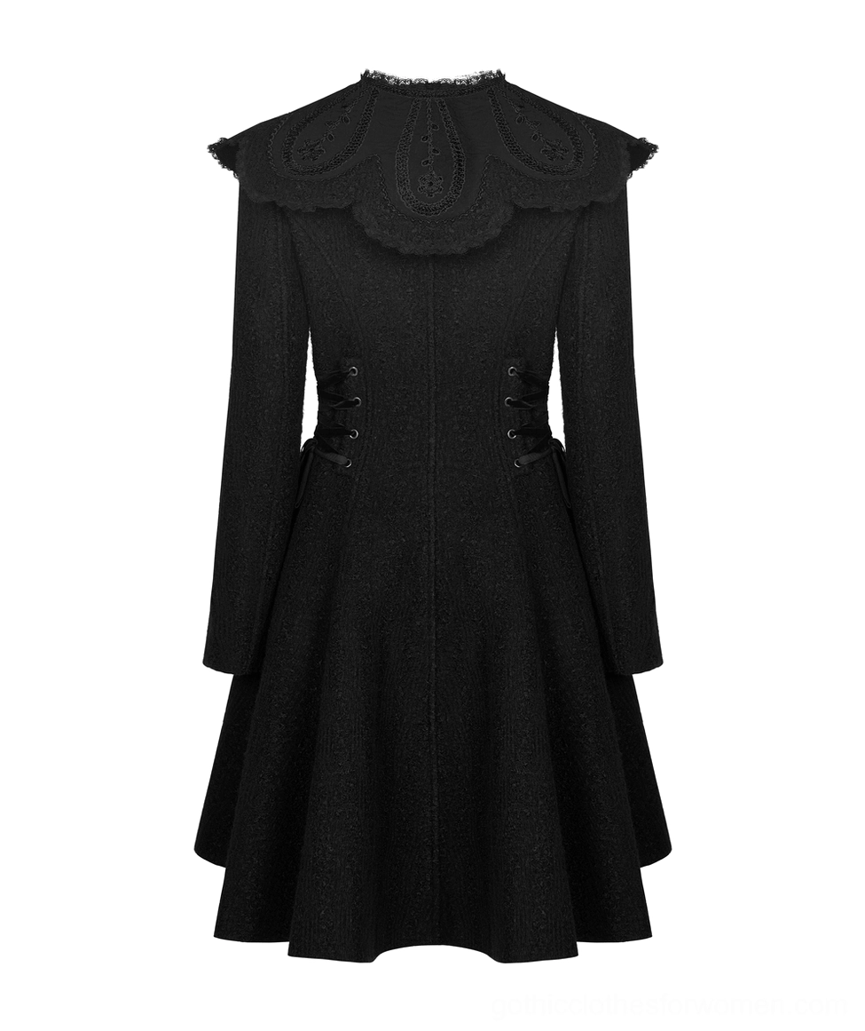 Victorian gothic wool coat back flat lay showing tailored waist and lace collar embellishment