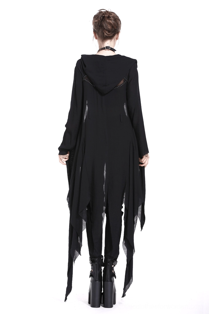 Full-length back view of crescent moon gothic punk coat highlighting moon cutout and flowing silhouette