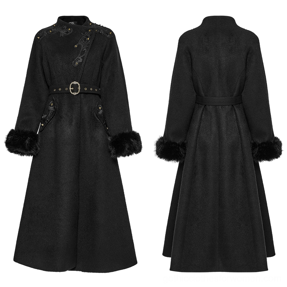Black gothic long wool coat front and back dual angle view showcasing silhouette, fur cuffs, and vintage belt buckle design