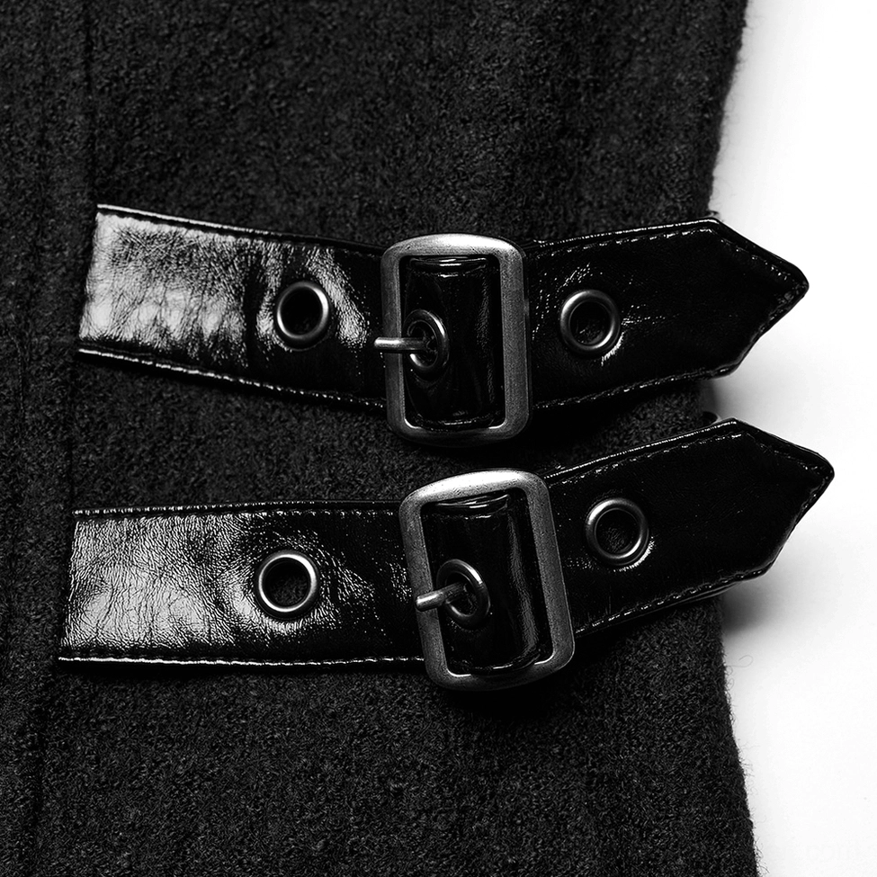 Close-up detail of shiny black PU leather buckle strap with silver metal double buckles on gothic coat