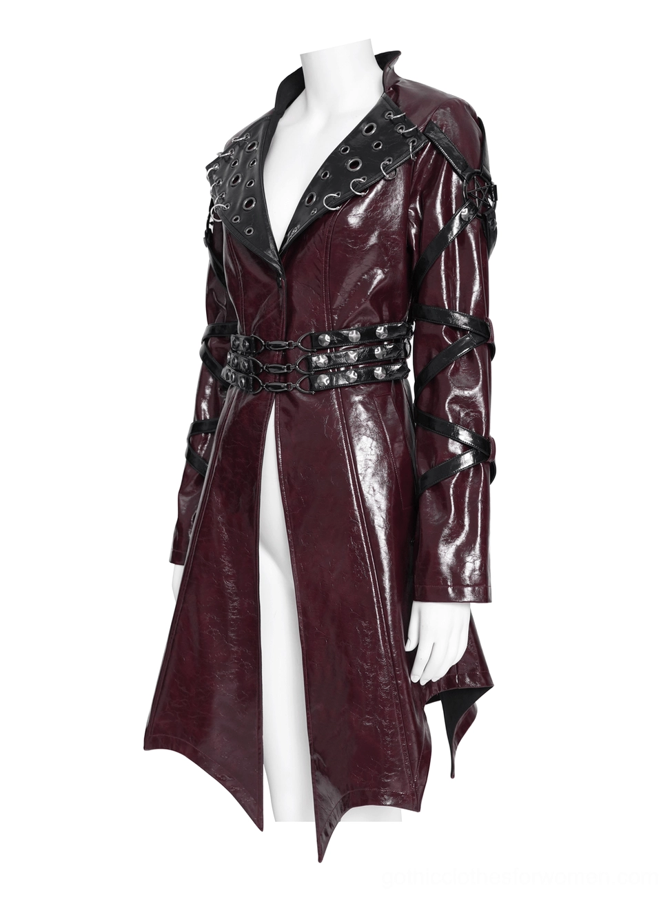 Burgundy faux leather gothic coat three-quarter view showing slit front, lace-adorned sleeve straps, and tailored fit silhouette