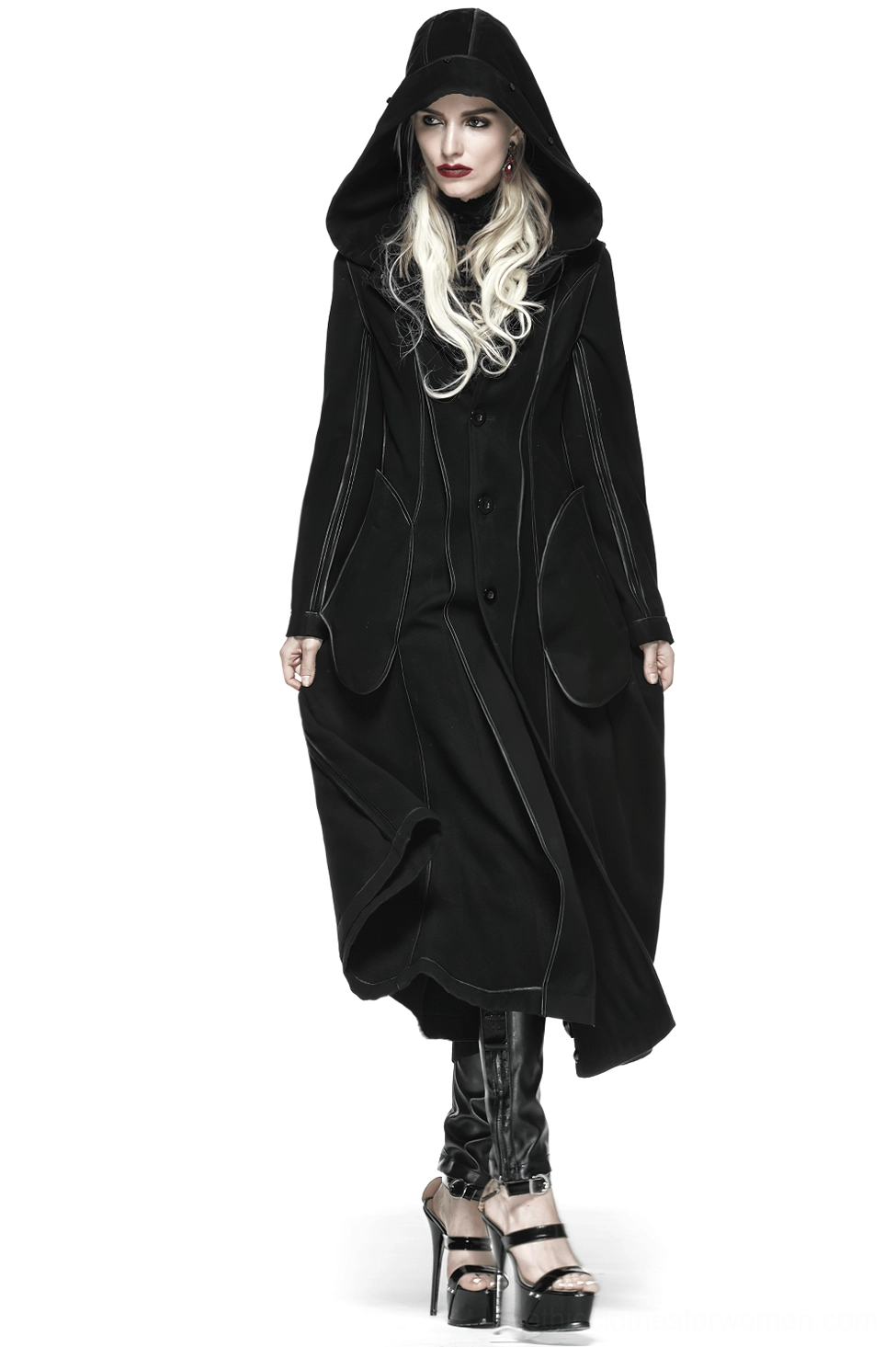 Black gothic coat detail shot showing button front and faux fur trim layering