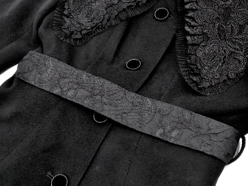 Detail shot of gothic black coat placket showing button-front closure and lace waist trim design