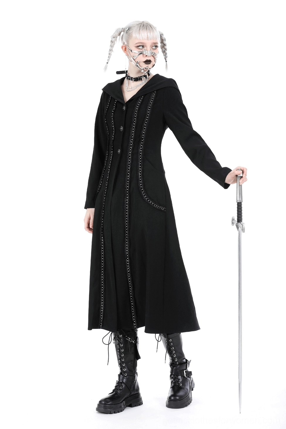 Black gothic hooded trench coat showing chain-trim detailing on lace elements