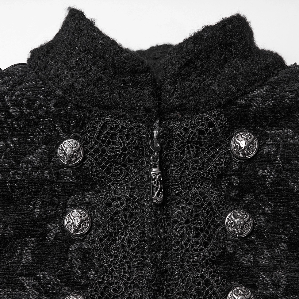 Close-up detail of gothic wool coat front collar featuring embossed metal buttons, stand collar structure, and symmetrical pointed lace overlay trim