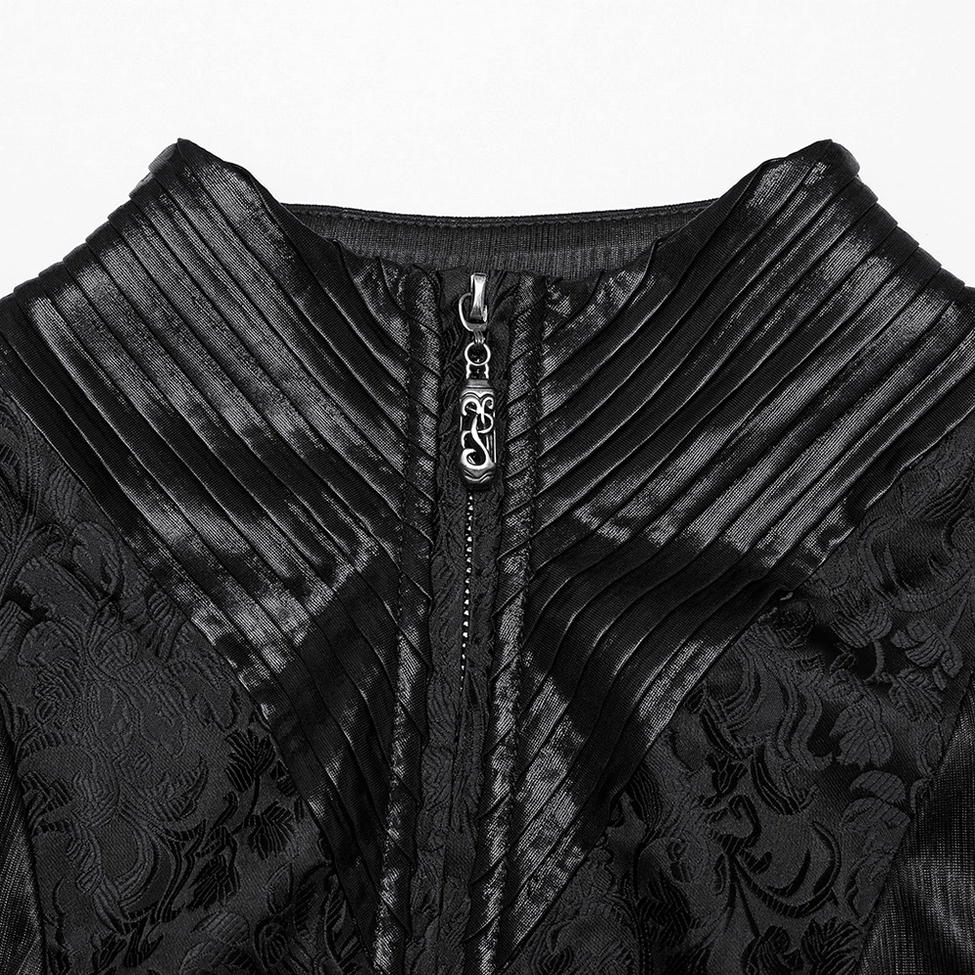 Close-up detail of gothic coat pleated collar, metal zip puller, and floral jacquard texture