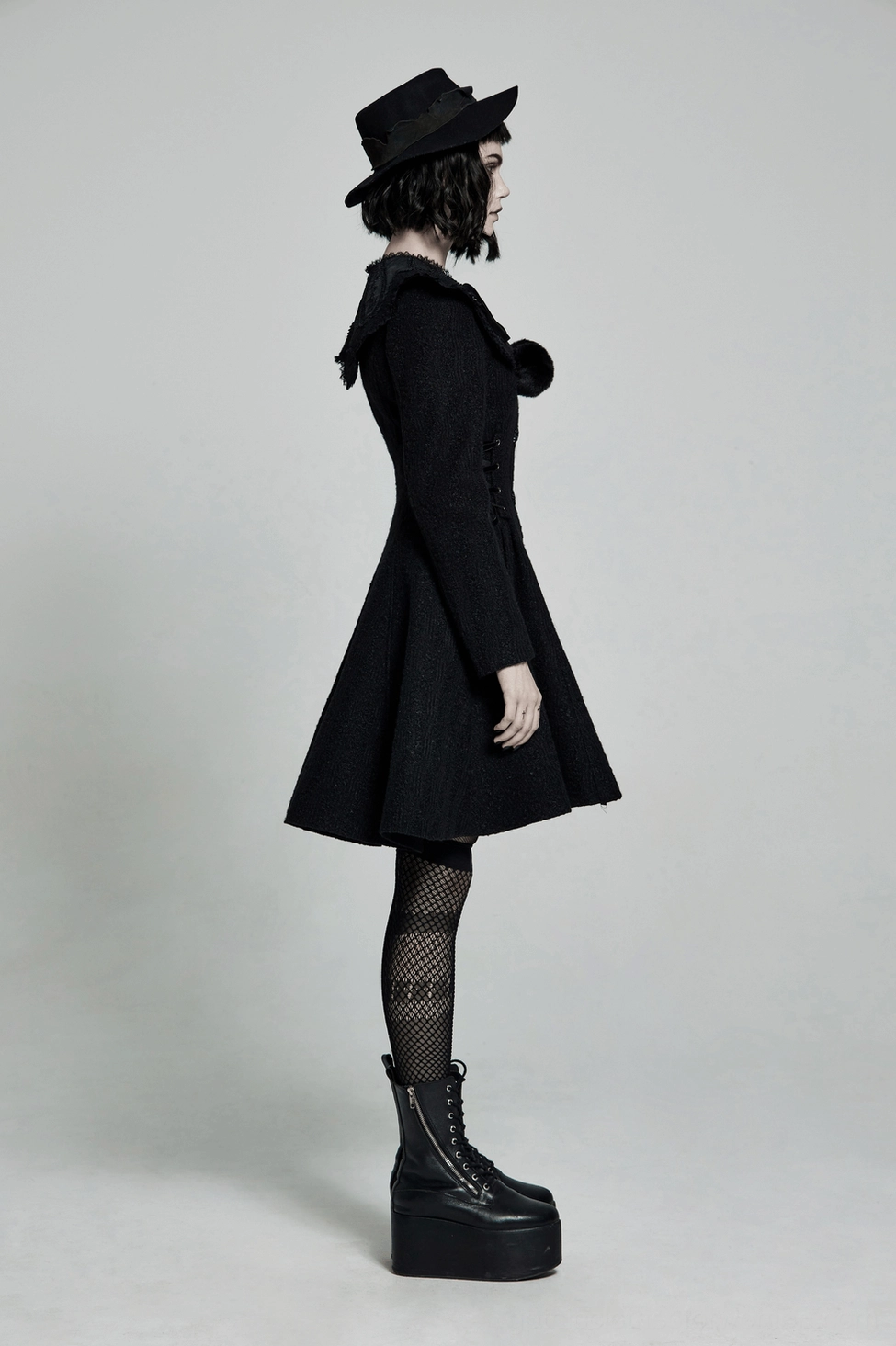 Black gothic wool coat overall design showing complete detachable fur collar system