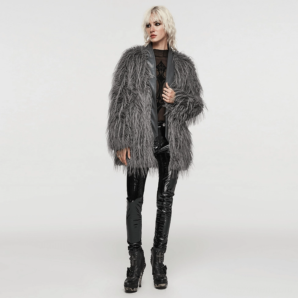 Detailed view of asymmetrical grey faux fur gothic coat construction and layered hemline design