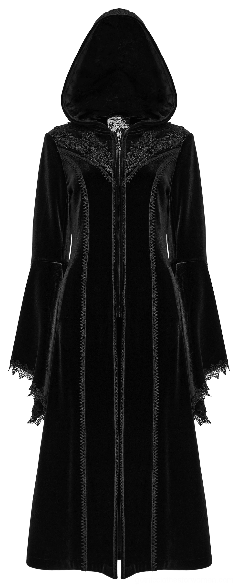 Victorian gothic velvet coat featuring corset-style lace-up back and flared lace cuffs, back flat lay