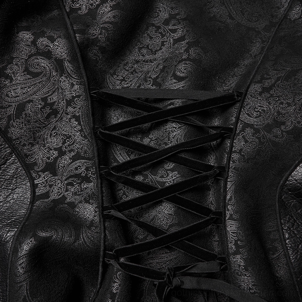 Detailed close-up of gothic coat back lace-up corset with paisley jacquard fabric pattern and ribbon ribbon fastening system
