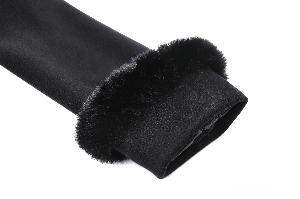 Black gothic coat cuff close-up showing fuzzy fur trim detail