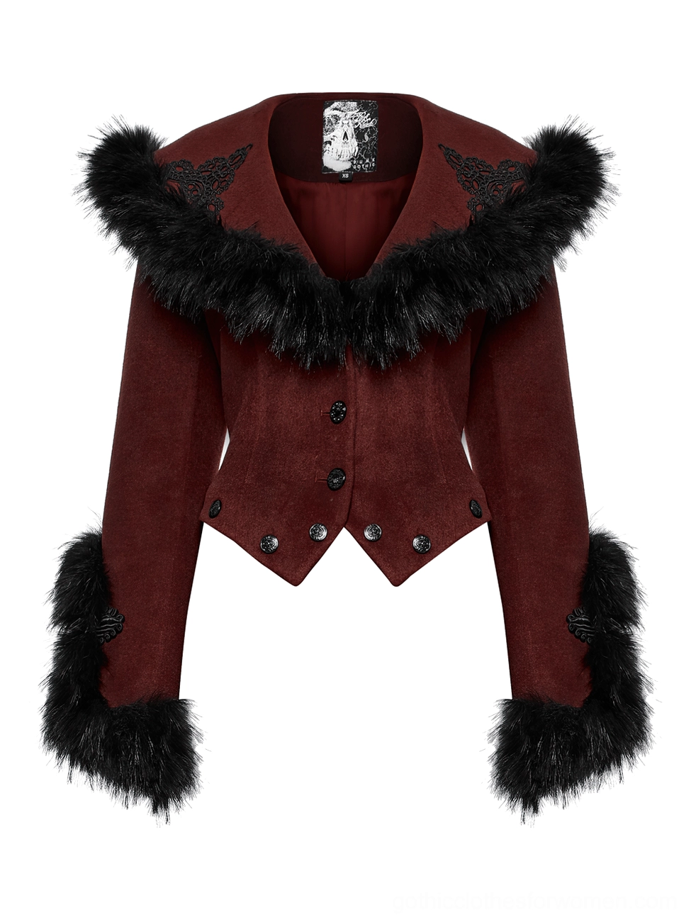 Detailed close-up of cropped gothic coat top with embroidered black collar trim, buttoned front closure, and decorative faux fur elements