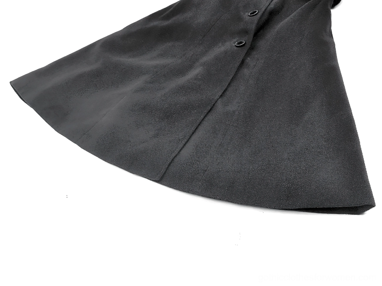Alternative angle close-up detail of gothic black coat sleeve showing embroidered lace and tailored construction