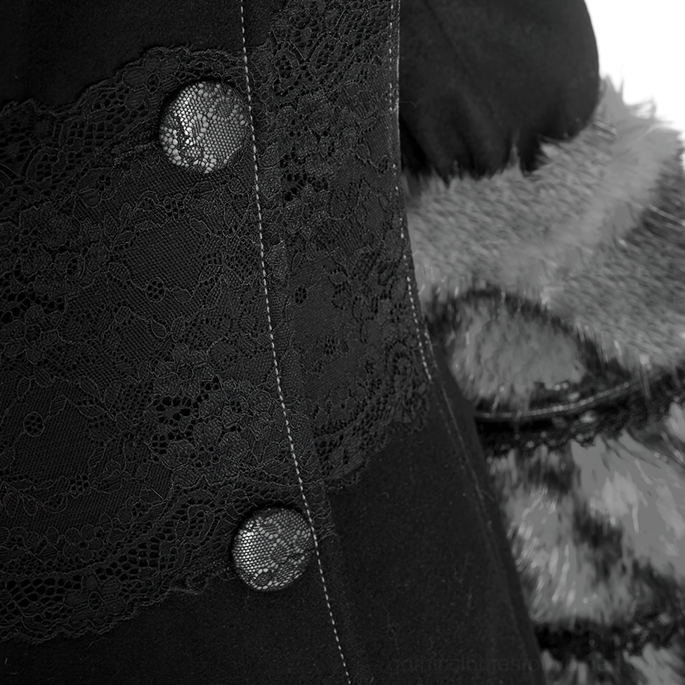 Detailed fabric and trim close-up showing lace panel, buttons, and dual-layer faux fur cuffs