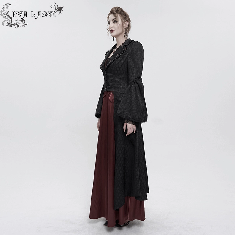 Black gothic coat section detail showing polyester fabric quality and construction