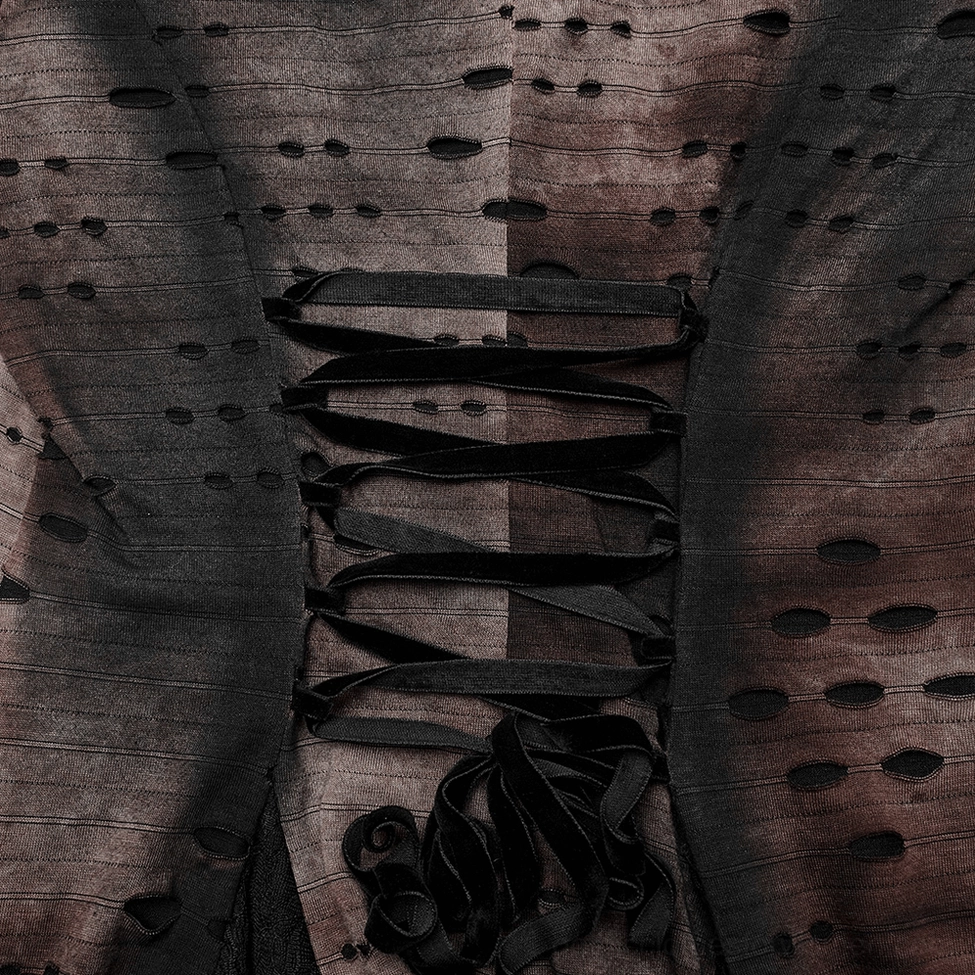 Additional close-up detail of distressed gothic hooded coat showing fabric texture, rivet placement, and lace mesh construction