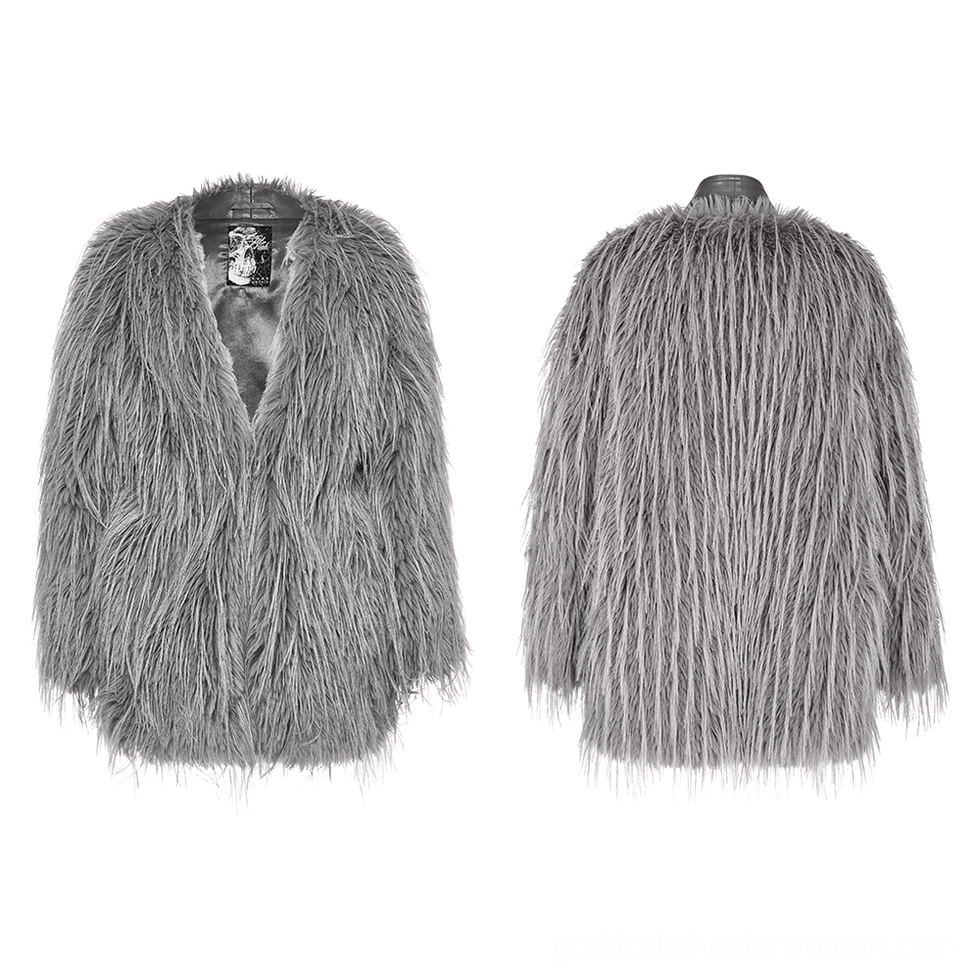 Flat lay flat view of asymmetrical faux fur gothic coat showing front and rear construction