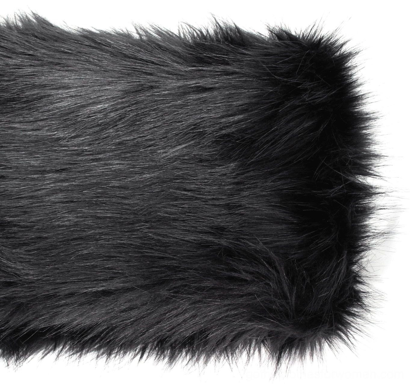 Macro photography of faux fur trim texture detail on gothic winter coat showing luxurious fluffy black pile and quality construction