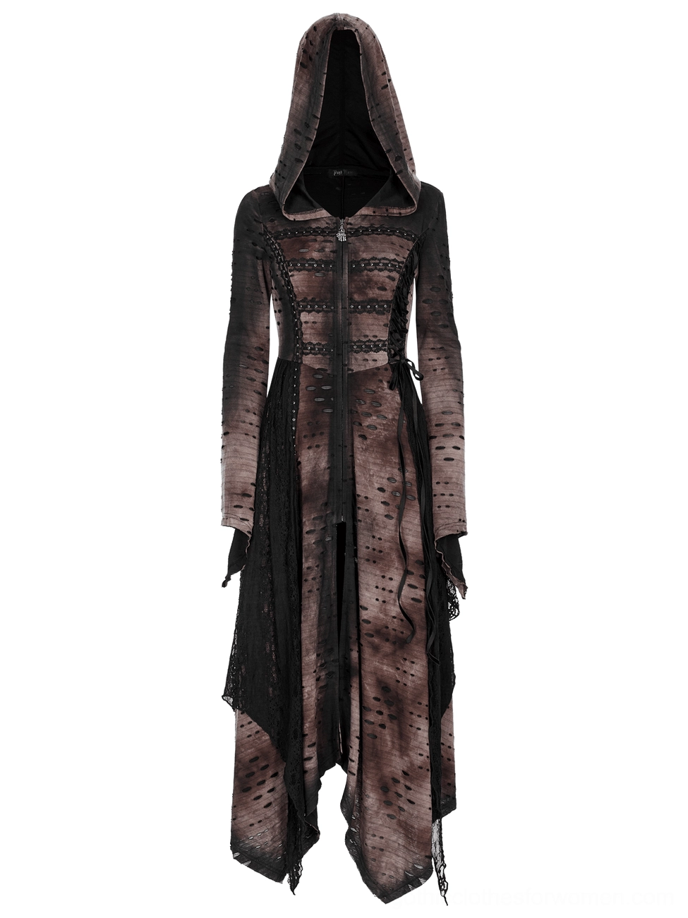 Gothic winter coat front view highlighting fitted long sleeves, frayed fabric trims, and distressed brown-black tie-dye finish