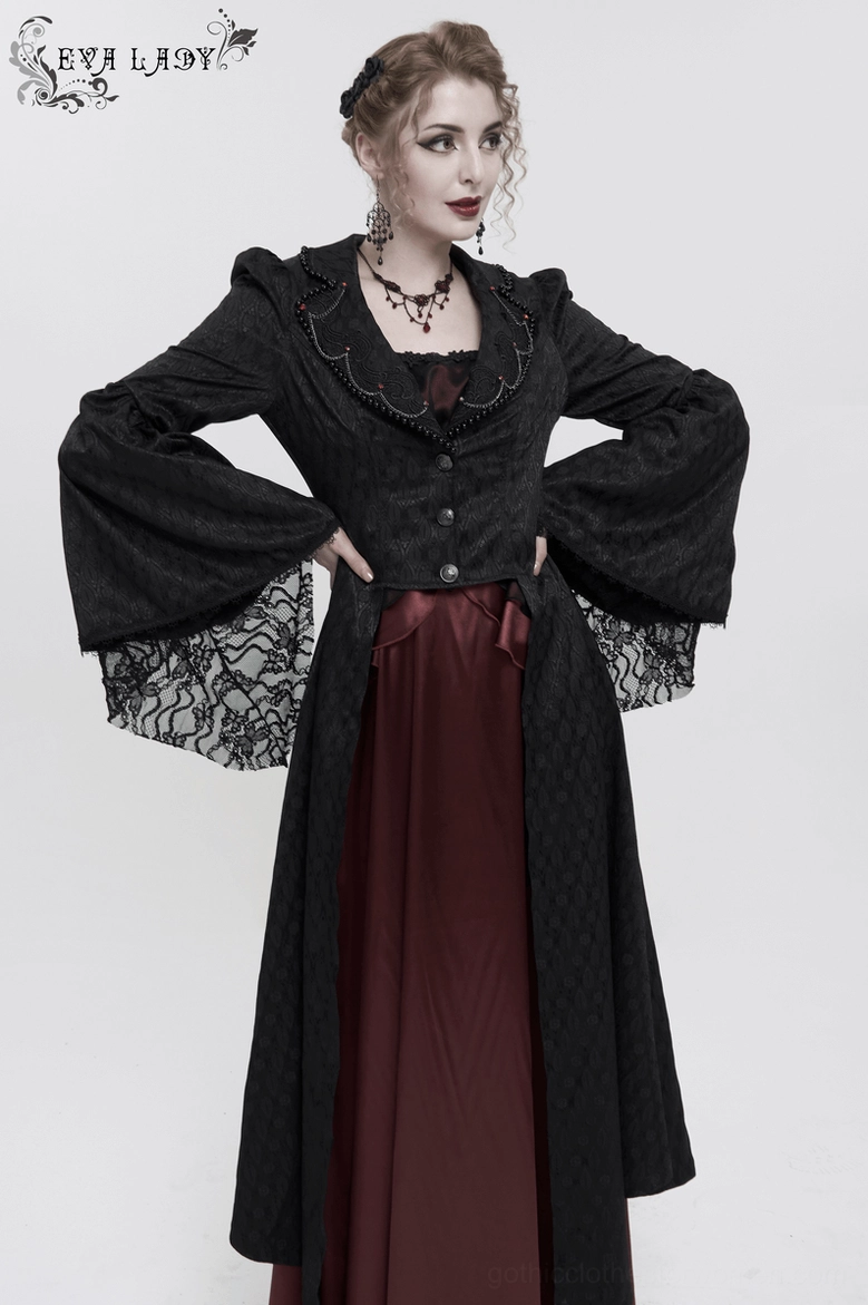 Gothic coat sleeve cuff flare detail showing gathered fabric and tailored construction