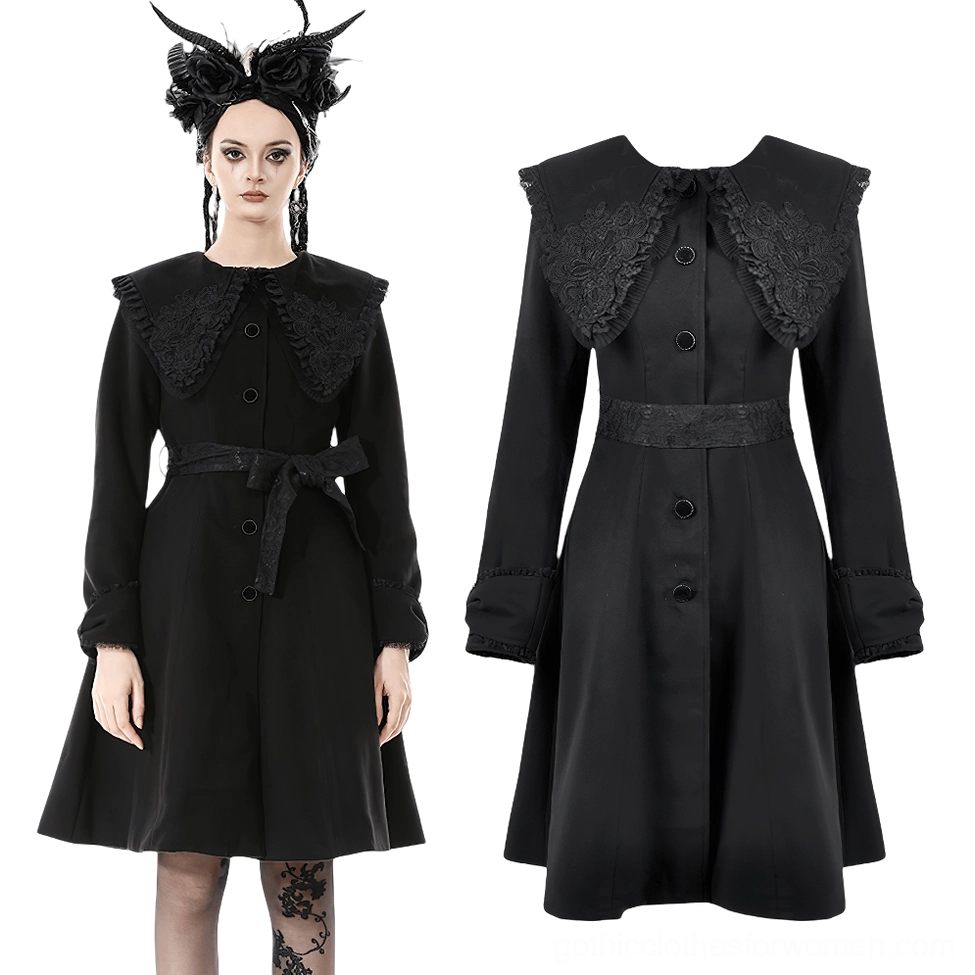 Victorian gothic black coat flat lay and close-up detail showing tailored button-front design and structured silhouette