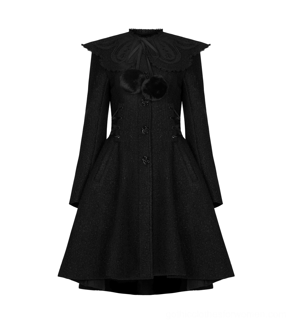 Black gothic wool coat front flat lay showing crew neck, button front, and waist lace-up design