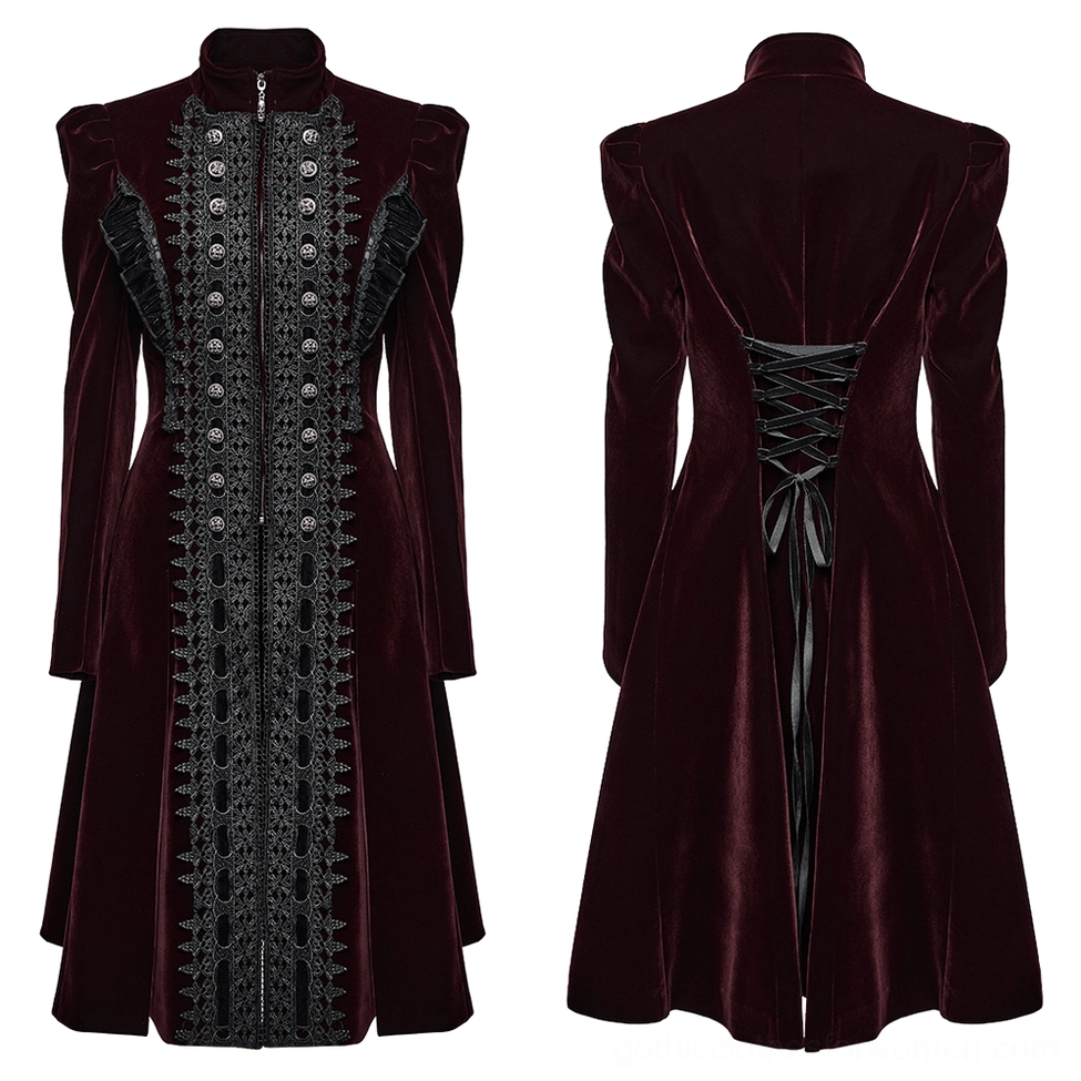 Flat lay front display of wine-red velvet gothic coat with stand collar and decorative lace panel